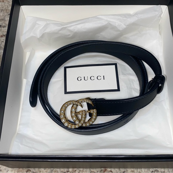 GUCCI MARMONT PEARL BLACK LEATHER BELT Size 95 - Picture 2 of 7